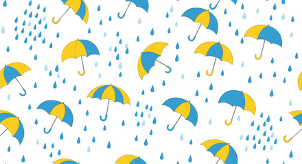 Naklejka premium Cheerful seamless pattern of blue and yellow umbrellas and raindrops falling on a clean and bright white background.