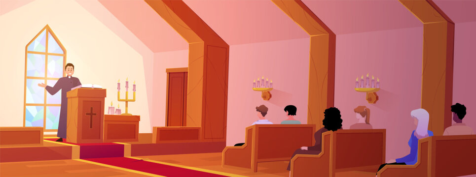 Priest makes a liturgy speech in church vector flat illustration, Christian religious persons praying, Chapel interior