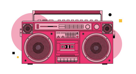 Fototapeta premium Retro pink boombox radio with dual speakers and cassette player deck isolated on a white background with colorful geometric shapes.