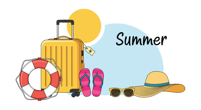 Summer vacation travel concept featuring a yellow suitcase, lifebuoy, flip flops, sun hat, and sunglasses on a blue background.