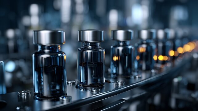 Vials move on a conveyor belt in a manufacturing facility for medical products during the production process in a clean environment