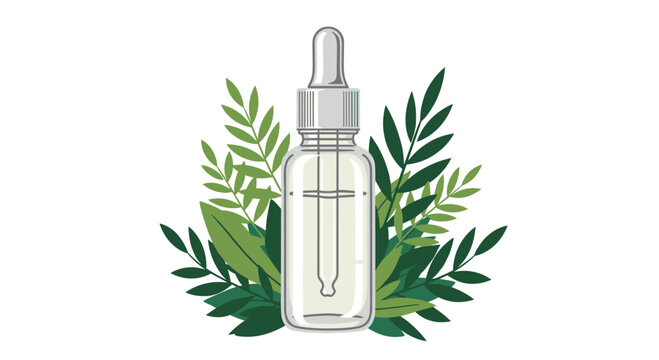 Essential oil glass dropper bottle surrounded by lush green leaves represents natural beauty products and organic skincare solutions.