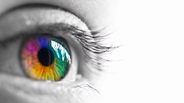 Close up of a colorful rainbow eye, selective color, visual art, creativity, LGBTQ pride, HD video loopable footage, seamless loop
