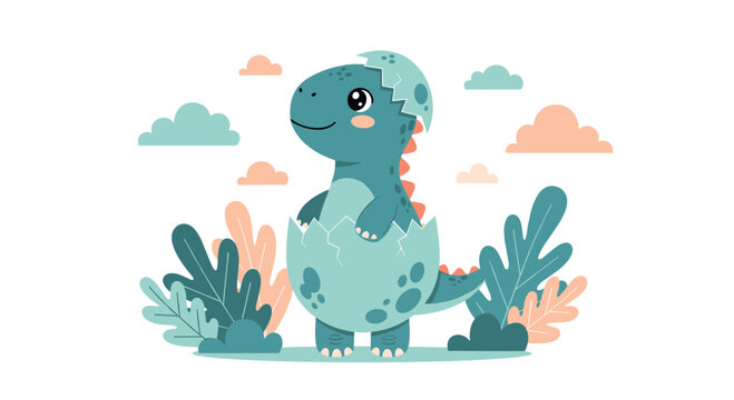Cute baby dinosaur with a friendly smile hatches from a spotted egg surrounded by colorful clouds and stylized prehistoric plants.