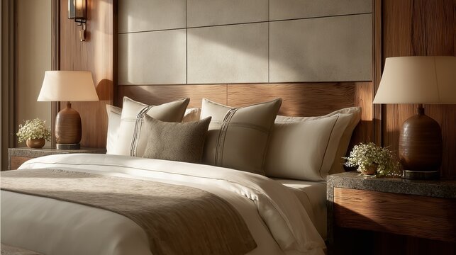 Modern bedroom in a cozy hotel with large bed and soft lighting during the afternoon