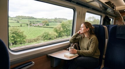 Fototapeta premium Woman looks out train window while traveling through green countryside on a cloudy day