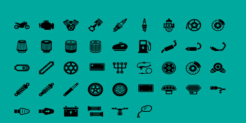 icon pack UI/UX of motorcycle maintenance and engine components featuring pistons, spark plugs, gears, suspension, brakes, and various mechanical motor parts © Raka Firdaus 
