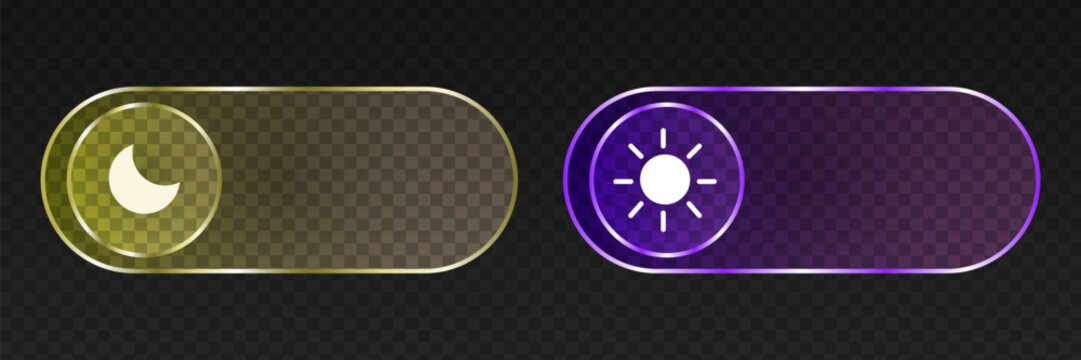 3D toggle slider with transparent effect for switching between dark and light themes. Sun and moon icons on round buttons. Modern UI elements for mobile applications and websites.