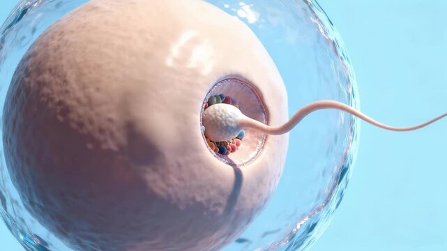 Sperm Entering Egg Cell Closeup Showing Membrane Penetration, Acrosome Reaction Releasing Enzymes, Cortical Granules, Zona Pellucida Disruption, Textured Cytoplasm And Spherical Ovum In Fluid Matrix.
