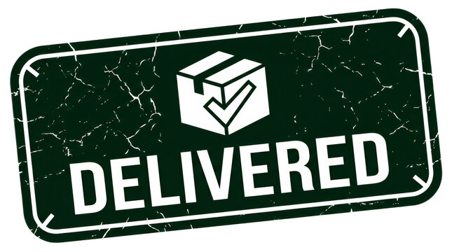 A delivery stamp graphic featuring a green background and bold white lettering saying DELIVERED with a checkmark symbol