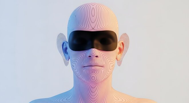 Symmetrical face with rainbow topographic lines and a black visor. Virtual reality and blindfolded digital sight. Person wearing a futuristic mask with glowing color spectrum.