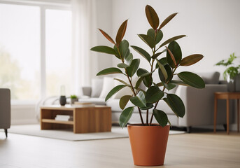 Fototapeta premium Bright Interior Realistic Rubber Plant In Pot Living Room Scene