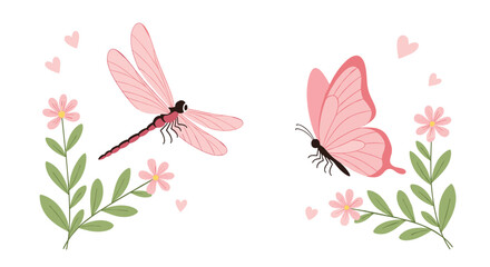 Obraz premium Beautiful pink dragonfly and butterfly fly among delicate flowers and hearts, creating a whimsical and romantic nature scene.