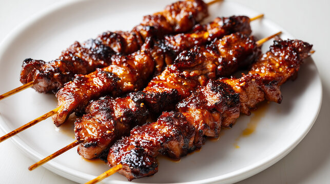 濃厚な甘辛いタレを絡めて香ばしく焼き上げた白い皿に並ぶジューシーな串焼き