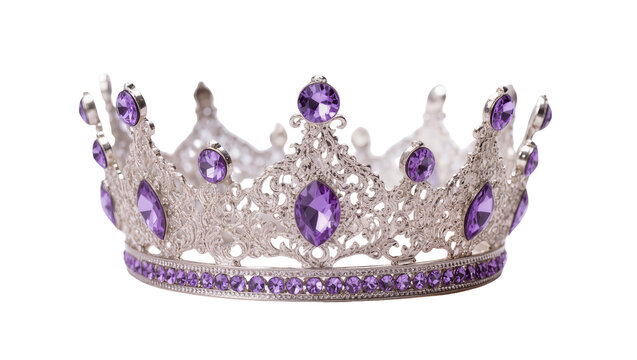 Ornate silver tiara with purple gemstones, isolated on transparent background