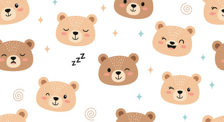 Fototapeta premium Adorable seamless pattern of brown bear faces with various expressions like sleeping, winking, and laughing among stars.