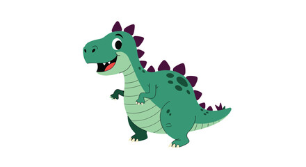 Obraz premium Friendly green cartoon dinosaur with purple spikes on its back standing and smiling happily on a white background.