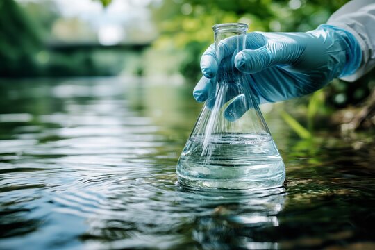 Scientist testing water quality in river using laboratory flask, environmental analysis and pollution monitoring in field. Close up of gloved hand collecting sample from natural stream