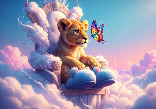 Lion cub on throne in clouds with butterfly