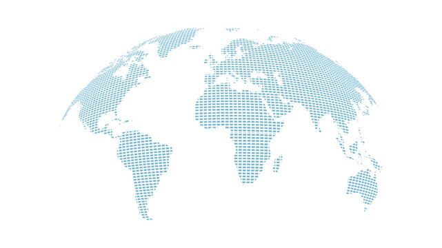 Abstract Square Pixel 3D Globe Vector &ndash; Minimalist Blue Small Grid Pattern Curved World Map Illustration on White Background
