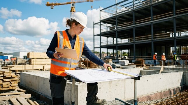 Professional woman in a hard hat and safety vest examining blueprints and taking measurements with a tape measure at a new building construction site, overseeing project development.