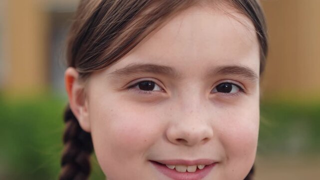 portrait smiling girl with brown eyes background school building, face child kid canap girl, smile with teeth, happy childhood, smile child outdoors, portrait schoolgirl, dream child outdoors girl