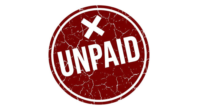 Grunge rubber stamp in red featuring the word UNPAID prominently displayed