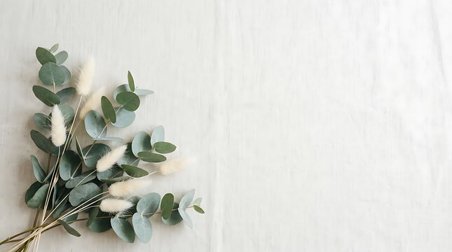 Eucalyptus branches and dried flowers arranged in a corner delicate botanical composition for wedding invitations and natural decor soft light on white textured background