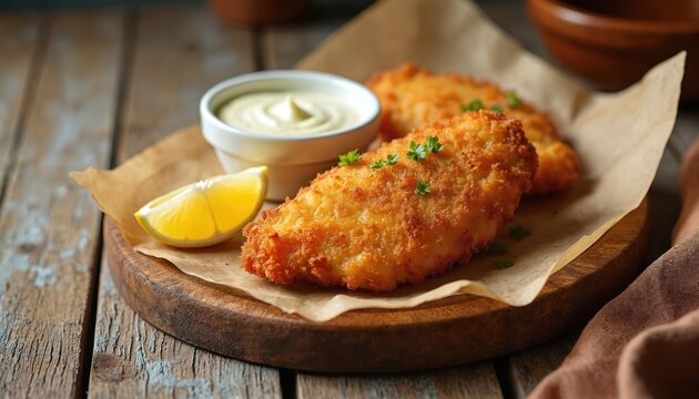 Two pieces of crispy fried fish fillets served with creamy dip and lemon wedge. Rustic wood table setting, brown paper liner, and parsley garnish enhance appetizing presentation of this seafood meal.