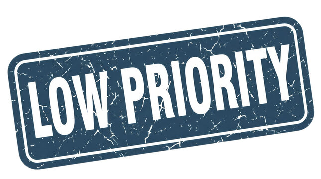 Low priority rubber stamp design with bold white text on a dark background