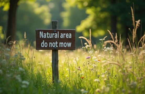 Signage indicates natural area without mowing. Wildflowers and tall grasses grow in the meadow. Trees form a green background. This scene suggests conservation efforts and ecological preservation.