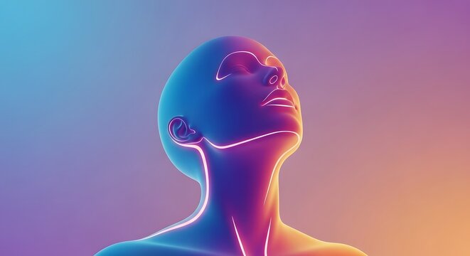 Silhouette of a translucent human head with glowing neon outlines. Digital consciousness and spiritual transcendence. Person looking up in a colorful gradient virtual reality space