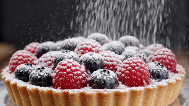 Fresh berry tart with raspberries and blueberries in a golden pastry crust as powdered sugar falls in close up, elegant dessert for bakery, restaurant, menu, and holiday food advertising