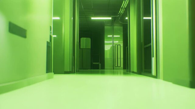Empty green corridor in a high tech facility, featuring reflective floors and walls illuminated by strip lighting, suggesting advanced technology and secure server infrastructure