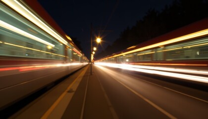 Fototapeta premium Two Trains Moving Fast at Night on Parallel Tracks with Streaking Lights and Dark Trees in the Background