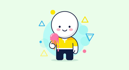 Fototapeta premium Cute Cartoon Character Eating Pink Ice Cream Cone with Geometric Shapes Background