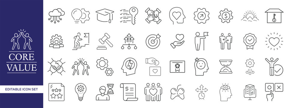 Core Values Line Icons Set, Editable Stroke Business Ethics, Leadership, Teamwork, Trust and Corporate Culture Outline Vector Collection