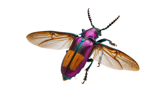 Iridescent purple and teal beetle with orange wing casings, isolated on transparent background