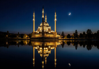 Obraz premium Long exposure shot of a fictional lakeside mosque, under dramatic blue night sky.