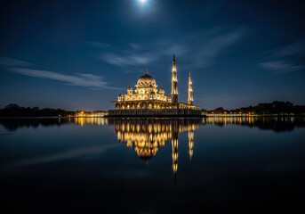 Fototapeta premium Long exposure shot of a fictional lakeside mosque, under dramatic blue night sky.