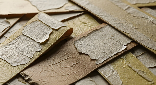 Peeling layers of cracked paint reveal textured surfaces in close-up view