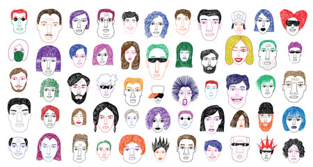 Obraz premium faces of people doodles vector illustration , hand drawn multicolored heads mans and womans , modern society background