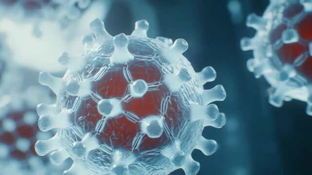 Microscopic view of spherical microbe cells with receptor proteins on the outer membrane and red genomic material within, representing biological threats and disease outbreaks