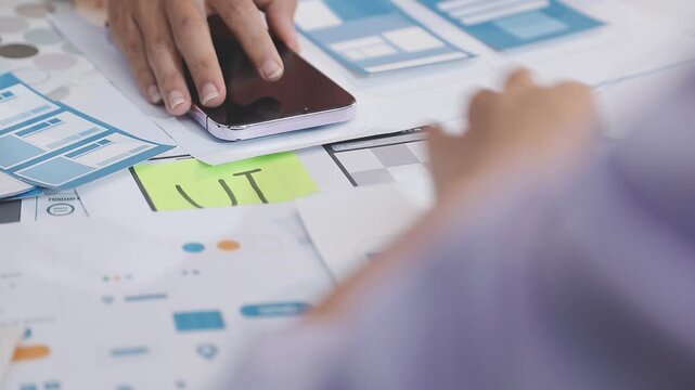 Asian uxui designer working on website design using sticky notes and wireframes