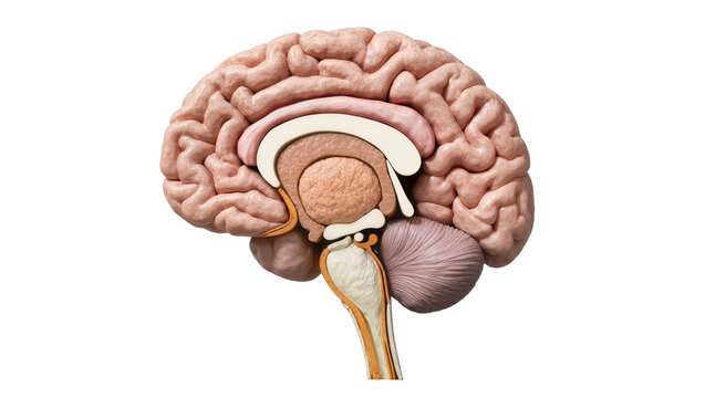 Detailed human brain sagittal view with cerebellum and brainstem, isolated on transparent background