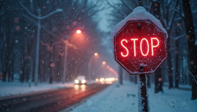Red stop sign glows brightly on a snowy winter night. Streetlights illuminate falling snow on an empty road with passing cars. Weather conditions create dangerous driving.