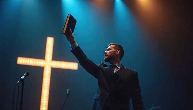 Man in suit holds Bible on stage under bright cross. Preacher gives sermon with microphones and spotlights. Worship service for Christian faith with hope.
