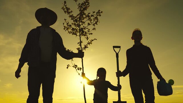 A family of three, a man, a woman, and a child, are working together to plant a tree. The man is holding a shovel, while the woman and child are holding a tree sapling. They are all standing in a