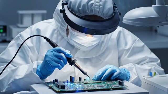 In a state-of-the-art laboratory filled with advanced equipment, a diligent technician in protective gear skillfully assembles a circuit board, showcasing intricate techniques.