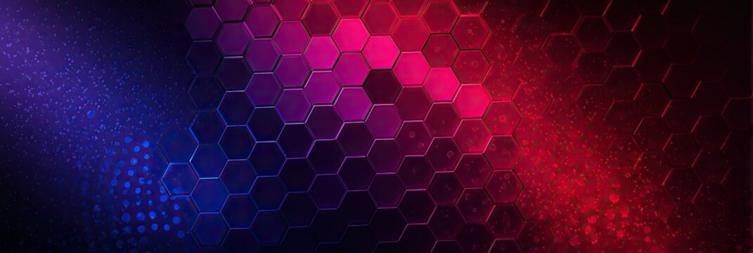 A vibrant abstract background featuring a gradient of glowing blue and red hexes